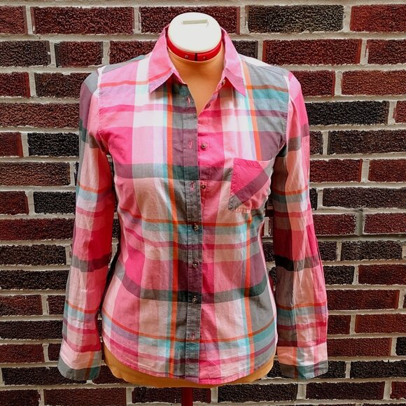 NWT Merona Pink Mixed Colors Plaid Cotton Long Sleeve Button Up Shirt, Size XS - Picture 1 of 9